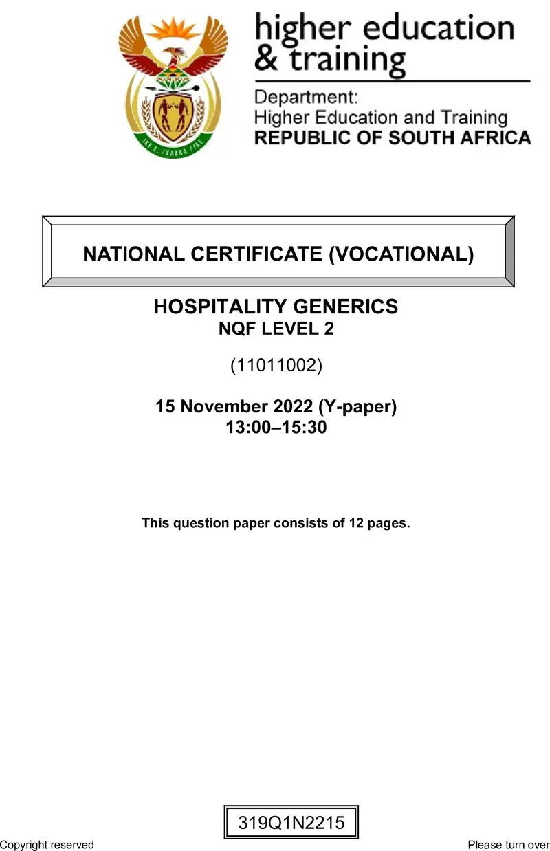 Hospitality Generics L2 Nov QP 2022 preview