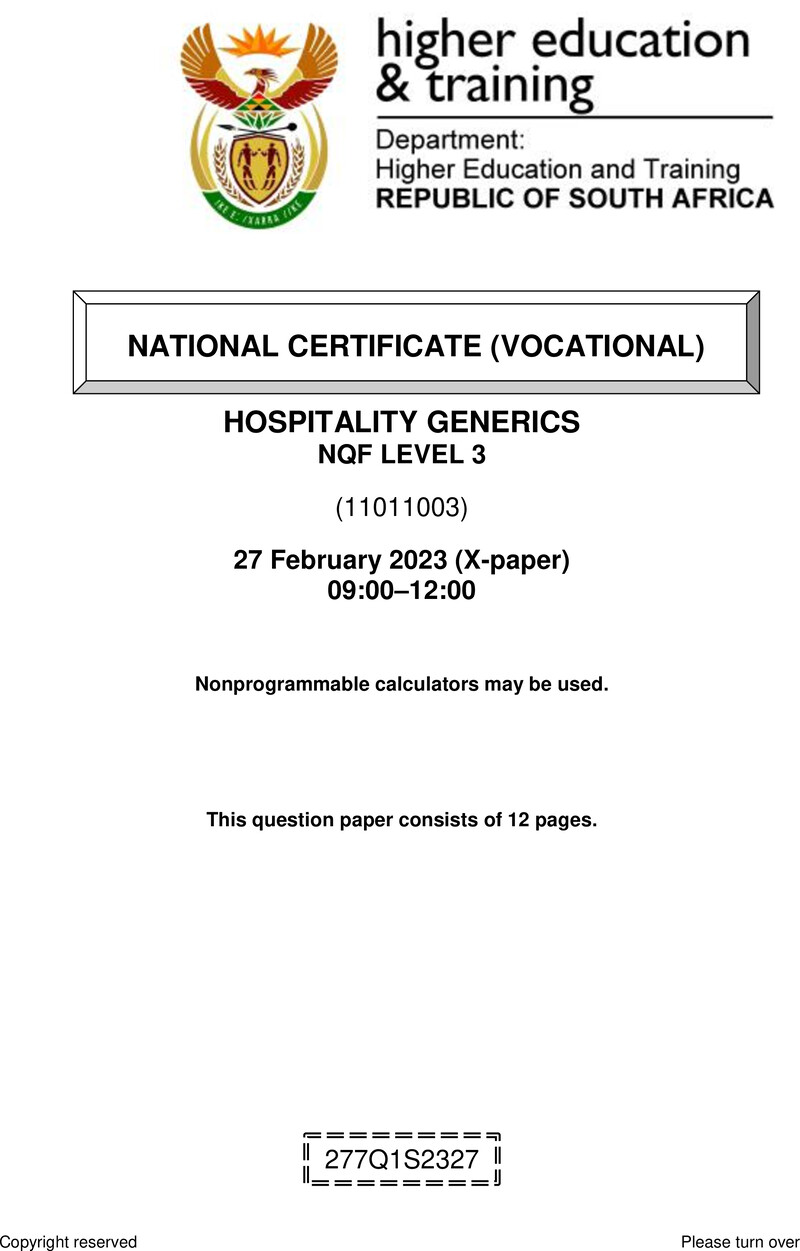 Hospitality Generics L3 QP Feb 2023 preview