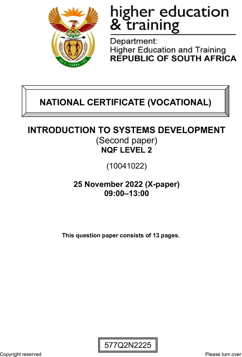 Introduction To Systems Development L2 P2 Nov QP 2022 Edited Fopma preview