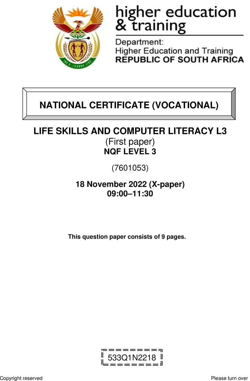 Life Skills And Computer Literacy L3 P1 Nov QP 2022 preview