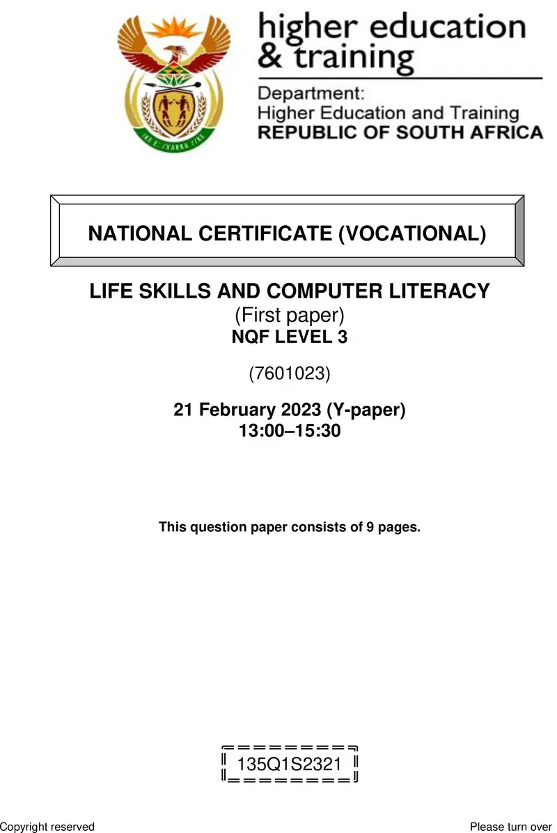 Life Skills And Computer Literacy L3 P1 QP Supp Feb 2023 preview