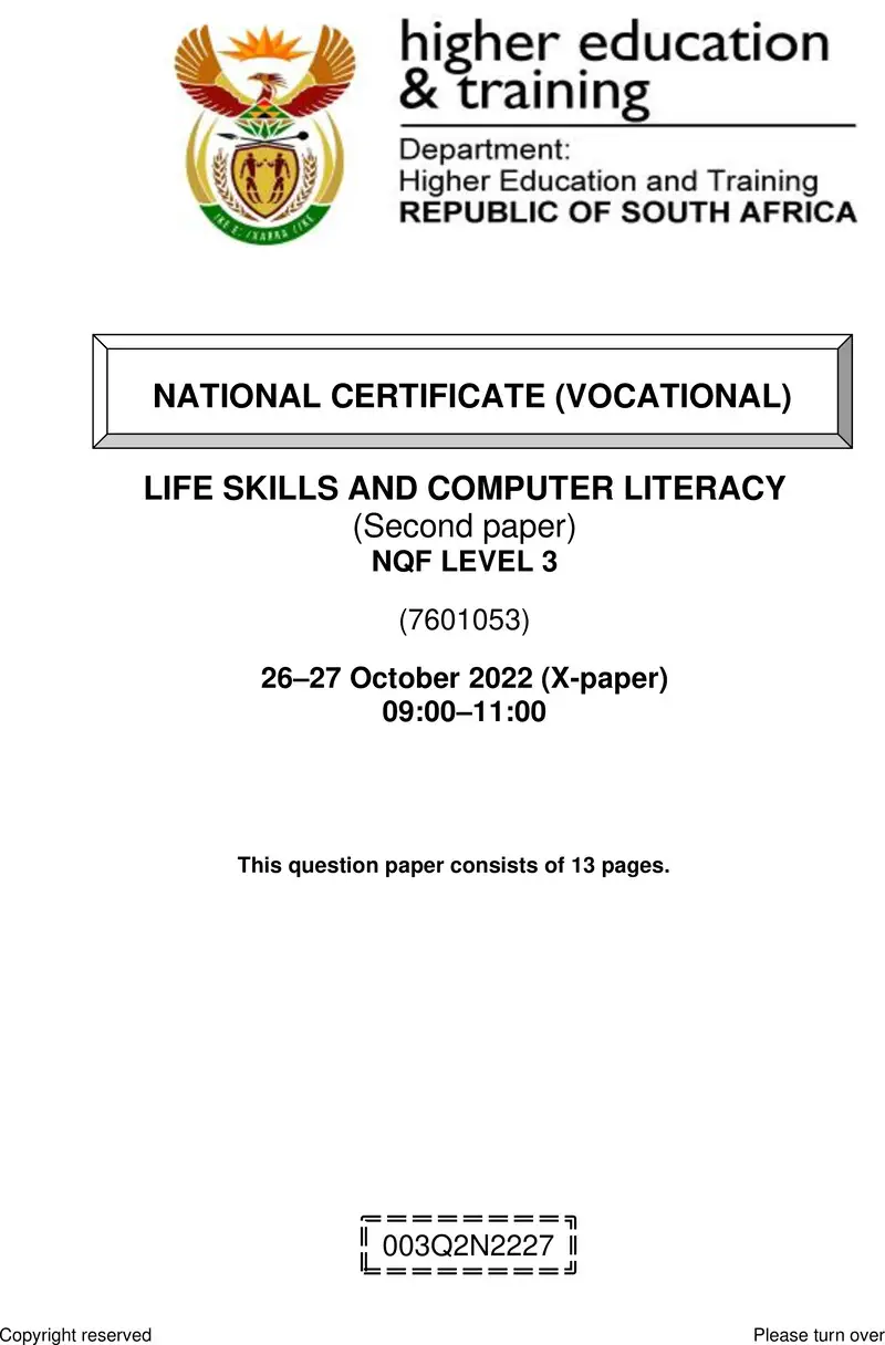 Life Skills And Computer Literacy L3 P2 QP Nov 2022 preview