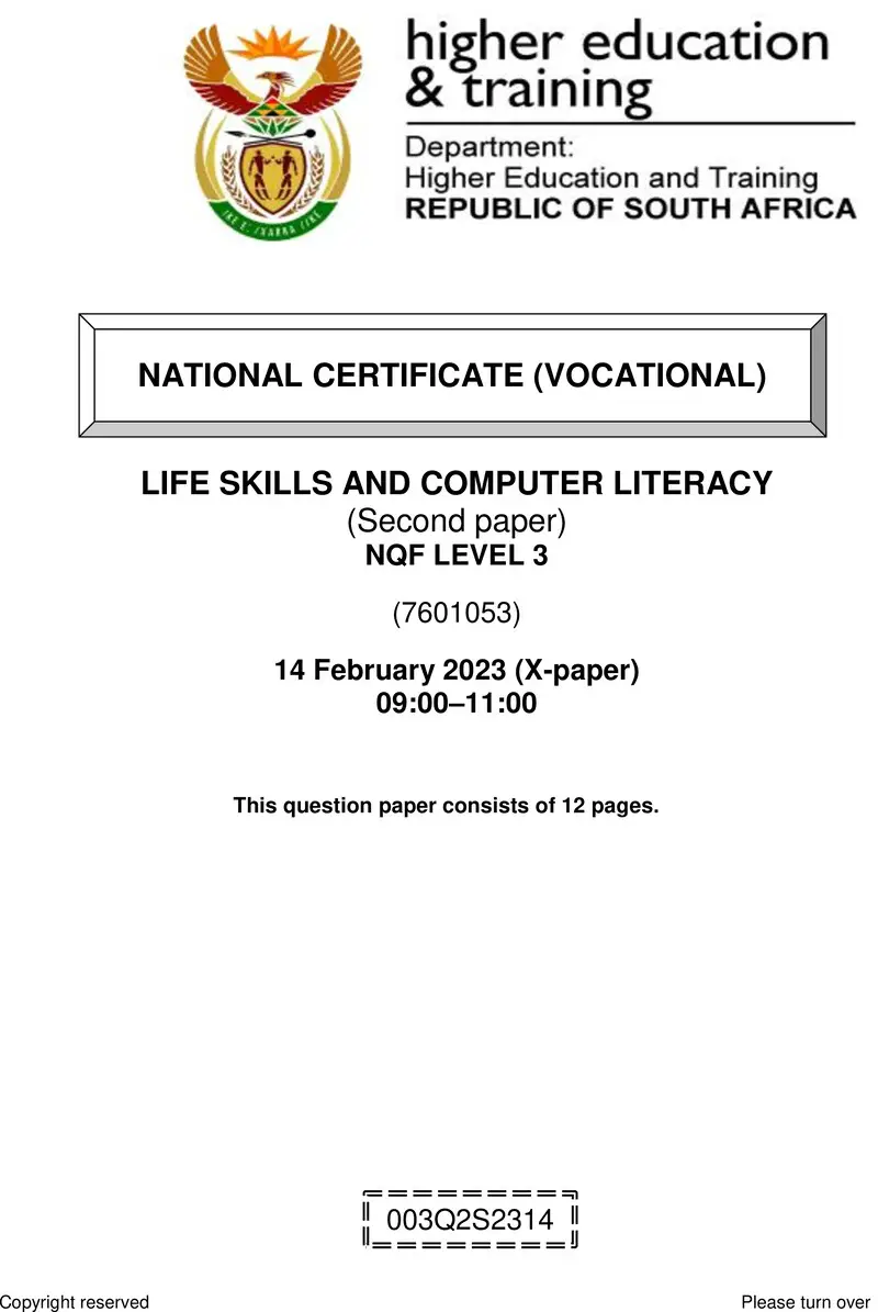 Life Skills And Computer Literacy L3 P2 Supp QP Feb 2023 preview