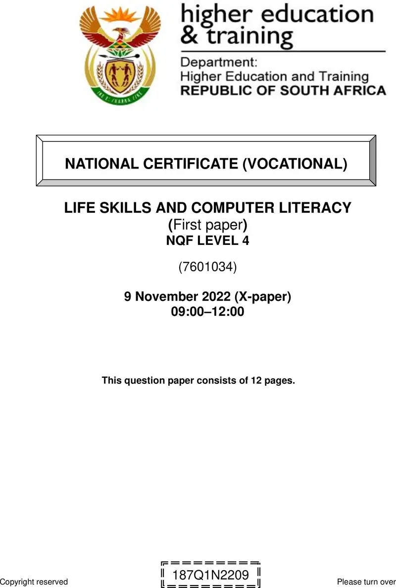 Life Skills And Computer Literacy L4 P1 Nov QP 2022 preview