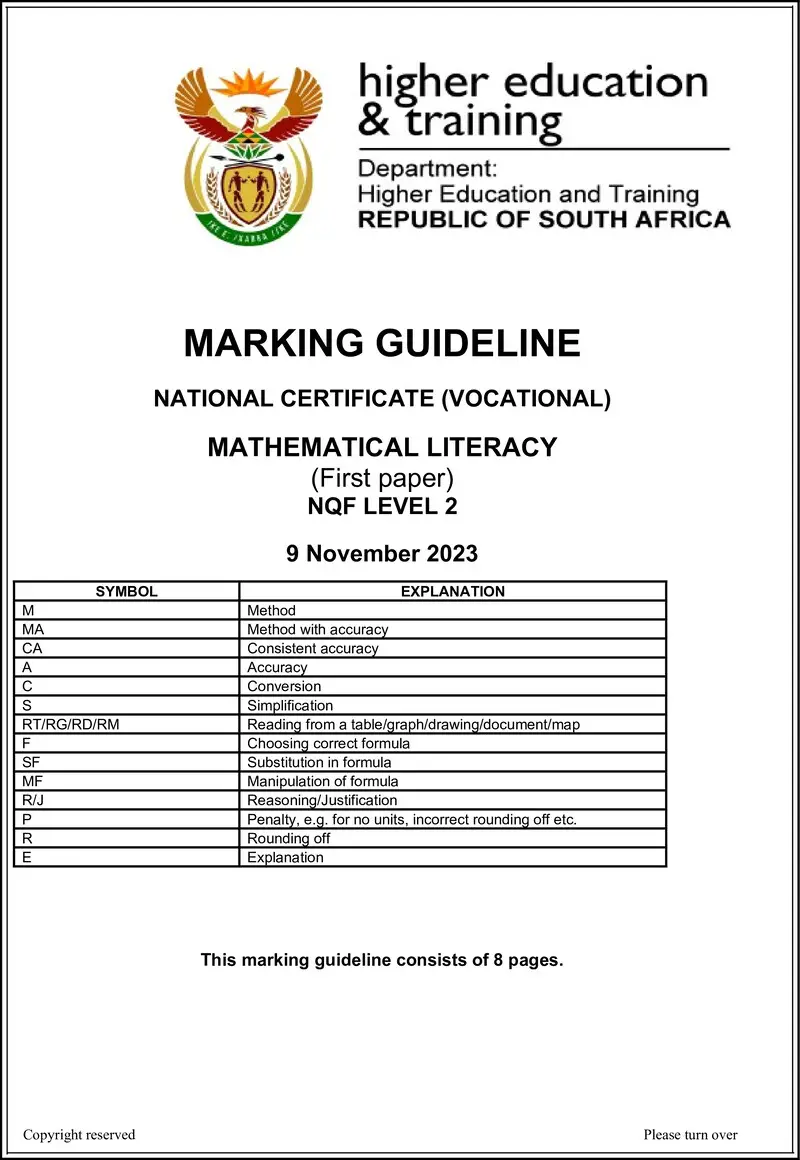 Mathematical Literacy L2 P1 MEMO Nov 2023 preview