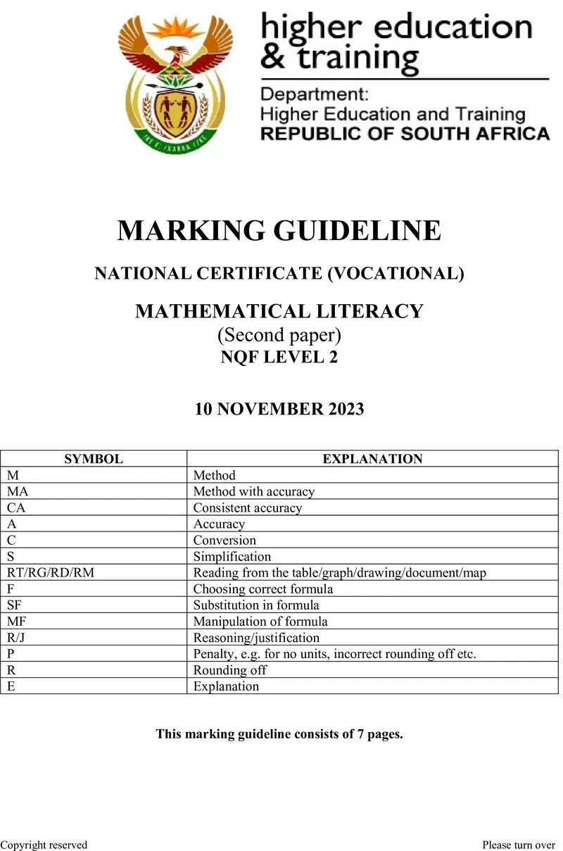 Mathematical Literacy L2 P2 MEMO Nov 2023 preview