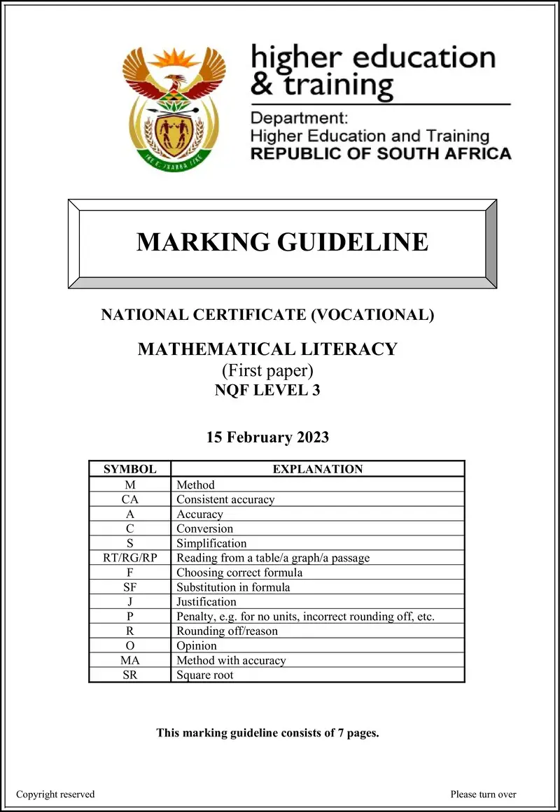 Mathematical Literacy L3 P1 MEMO Supp Feb 2023 preview