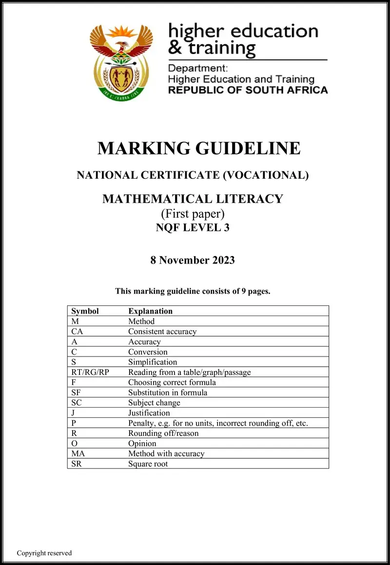 Mathematical Literacy L3 P1 Nov MEMO 2023 preview