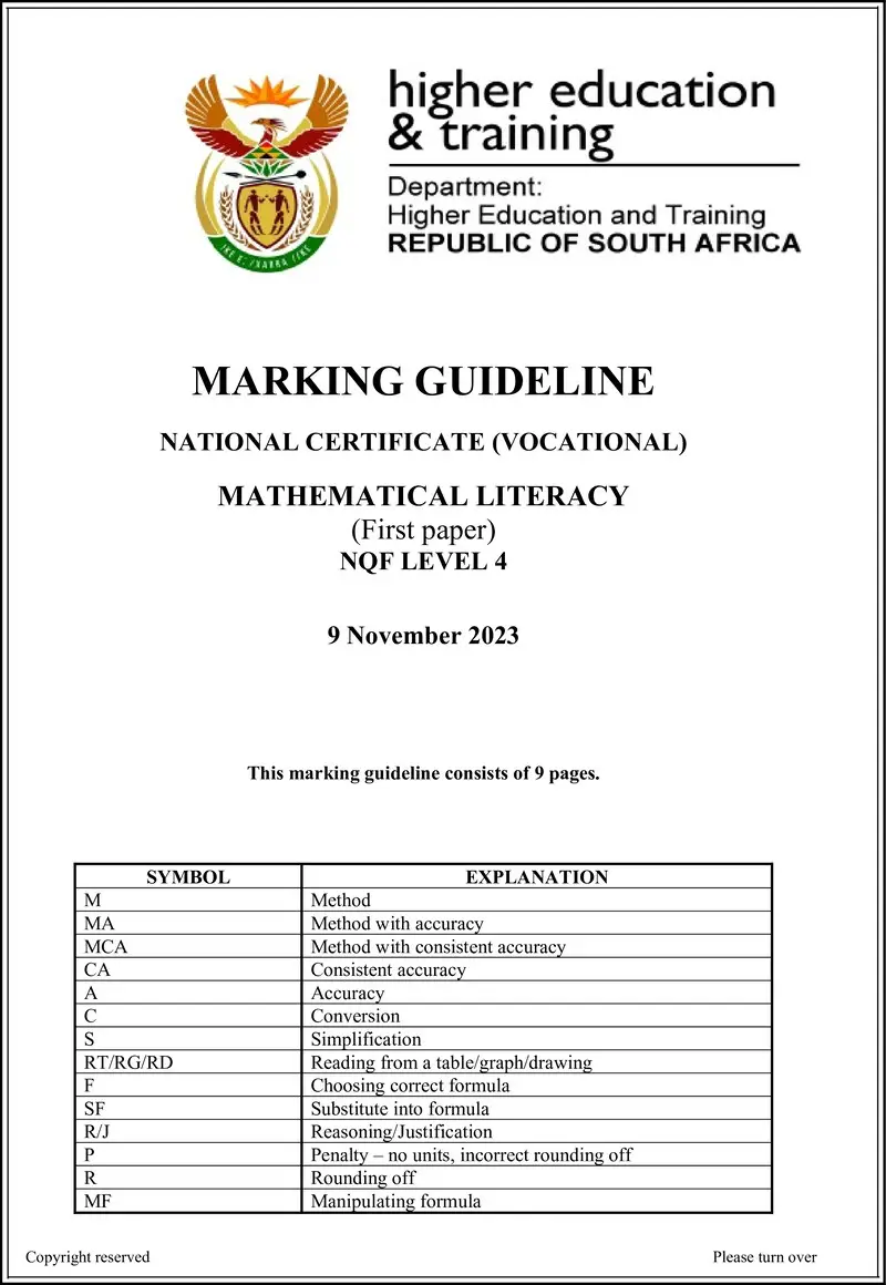 Mathematical Literacy L4 P1 MEMO Nov 2023 preview