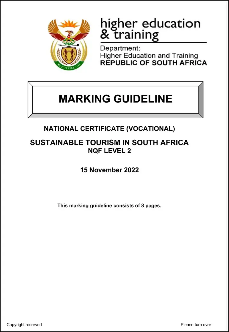 Sustainable Tourism In Sa L2 Nov MEMO 2022 preview