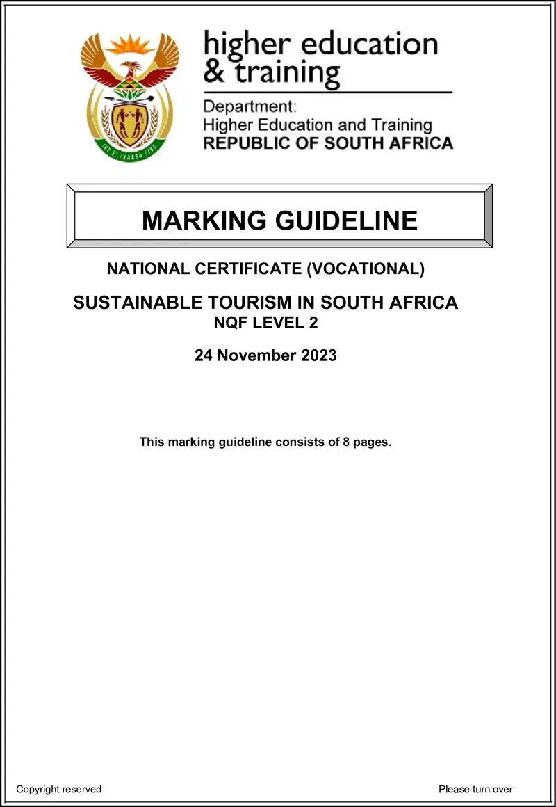 Sustainable Tourism In South Africa L2 MEMO Nov 2023 Edited preview