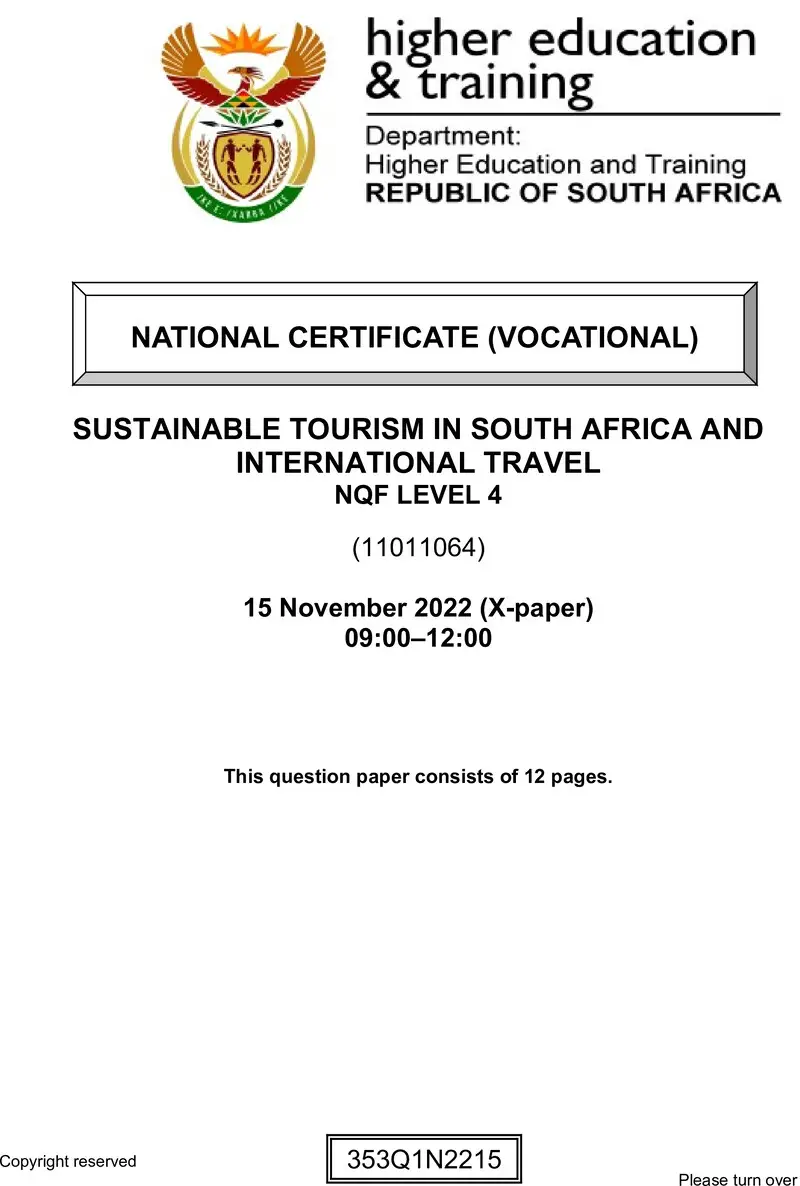 Sustainable Tourism In Sa And International Travel L4 QP Nov 20 preview