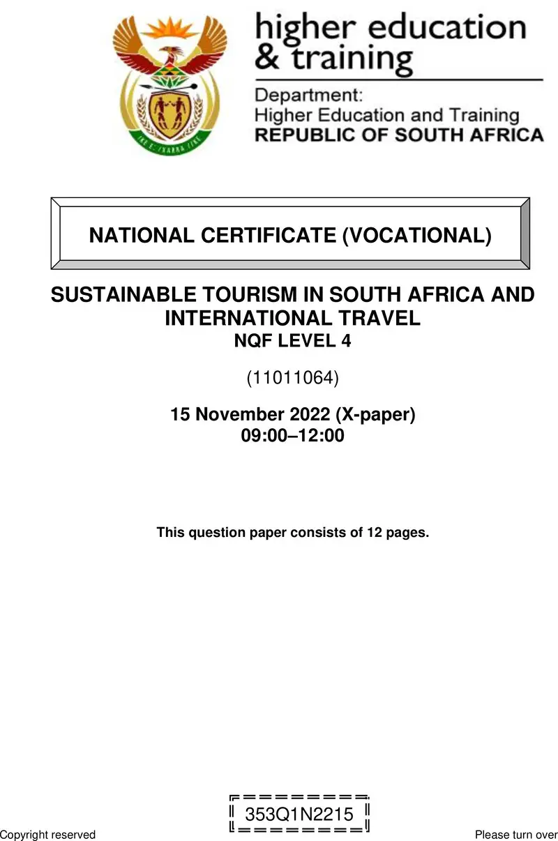 Sustainable Tourism In Sa And International Travel L4 QP Nov 2022 preview