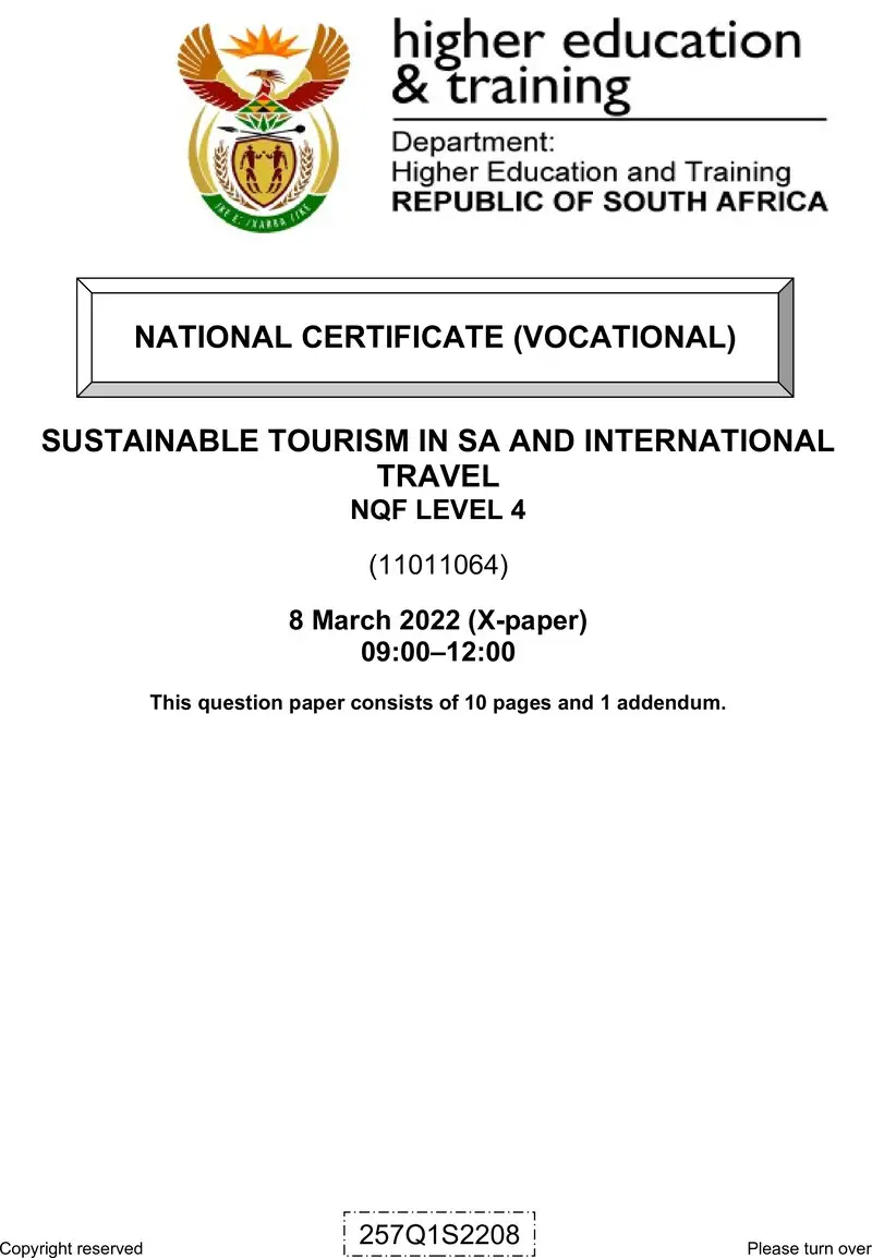 Sustainable Tourism In Sa And International Travel L4 QP Supp 2022 preview