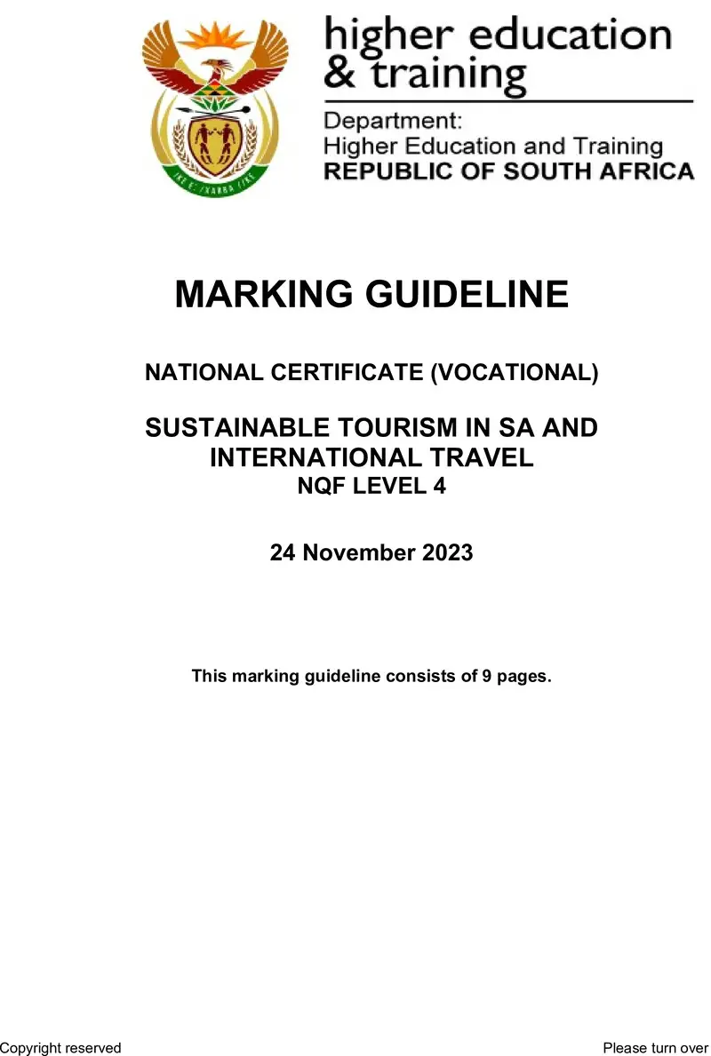 Sustainable Tourism In Sa And International Travel L4 Nov MEMO 2023 preview