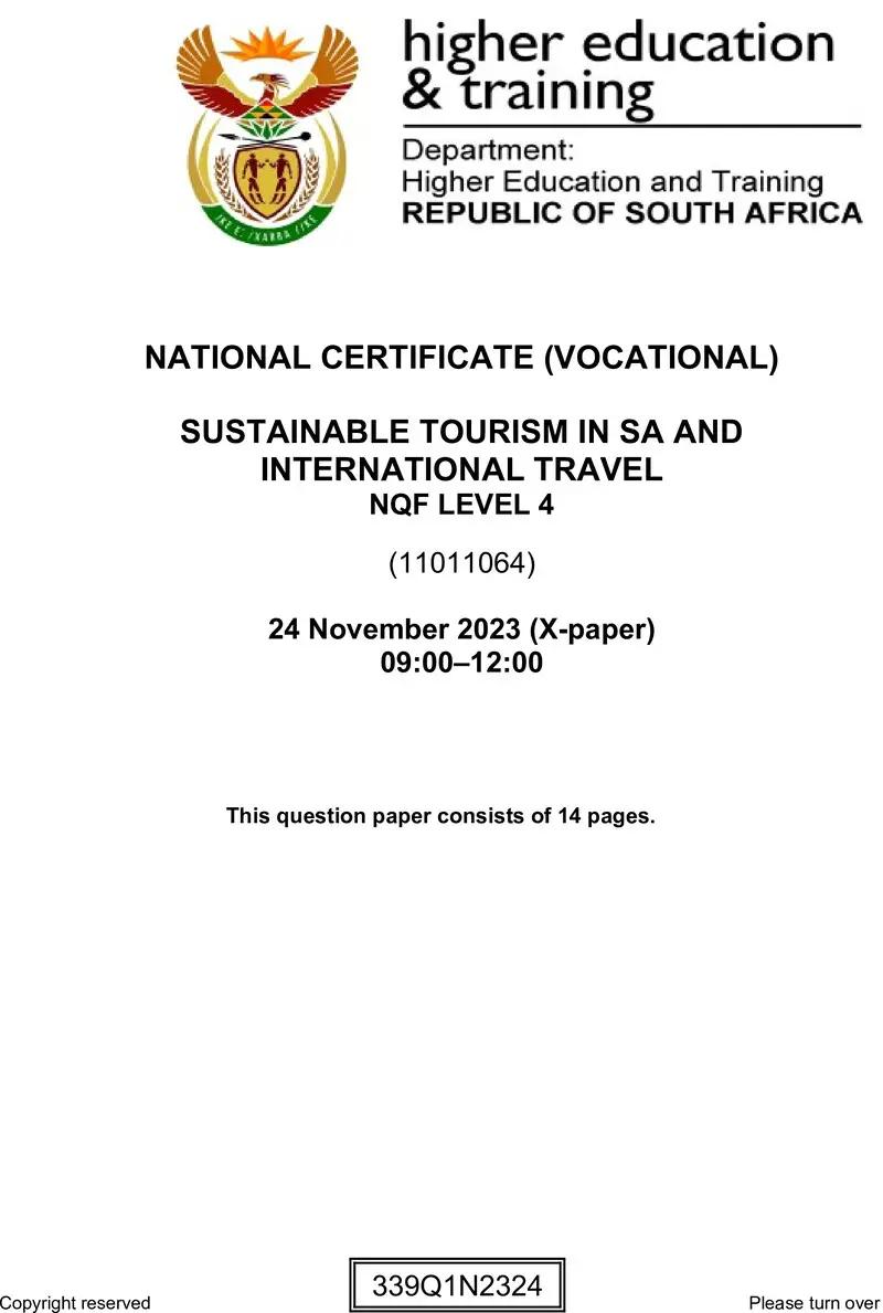 Sustainable Tourism In Sa And International Travel L4 Nov QP 2023 preview