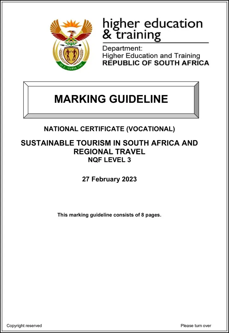 Sustainable Tourism In Sa And Regional Travel L3 MEMO Supp Feb 2023 preview