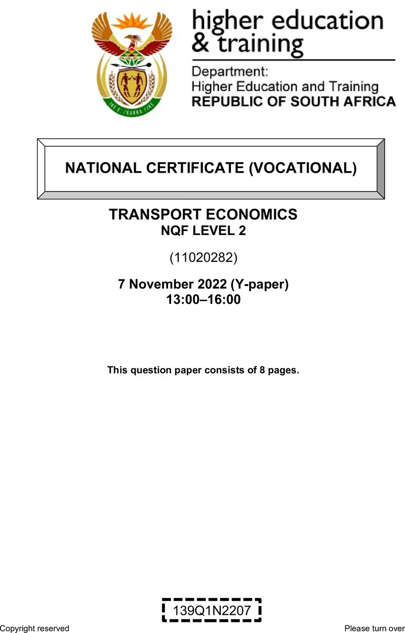 Transport Economics L2 QP Nov 2022 Van Zyl S preview