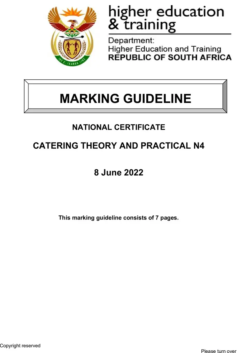 N80 Catering Theory And Practical N4 MEMO June 2022 preview