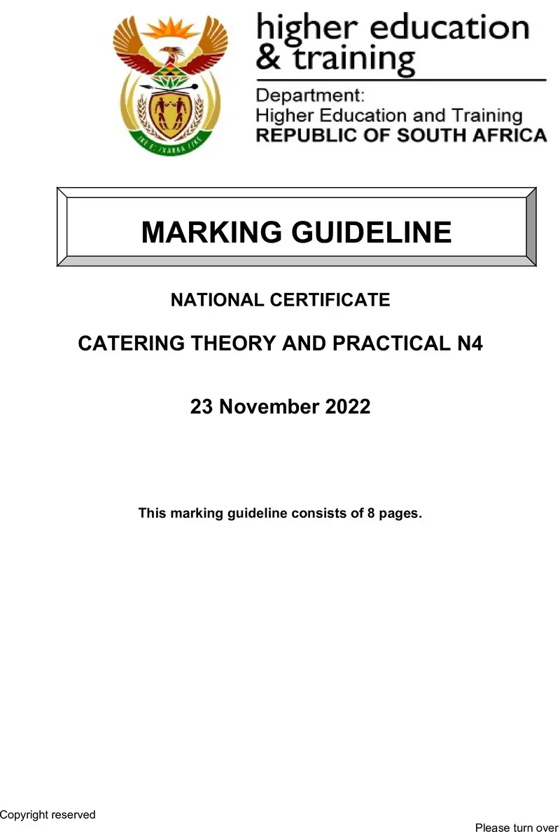 N80 Catering Theory And Practical N4 MEMO Nov 2022 preview