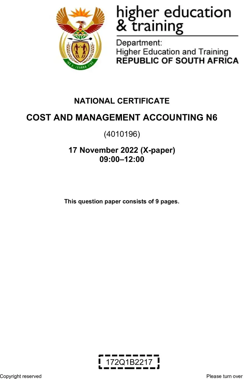 Cost And Management Accounting N6 QP Nov 2022 Van Zyl S preview