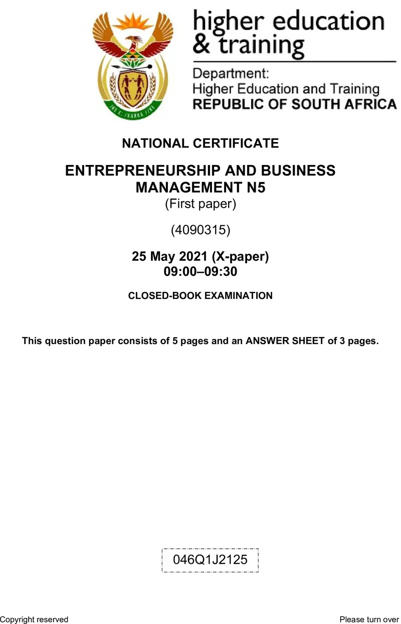 N460 Entrepreneurship And Business Management N5 P1 QP Jun 2021 Edited preview