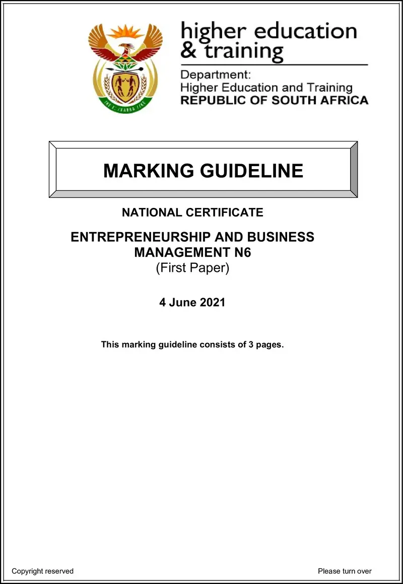 N480 Entrepreneurship And Business Management N6 P1 June MEMO 2021 preview