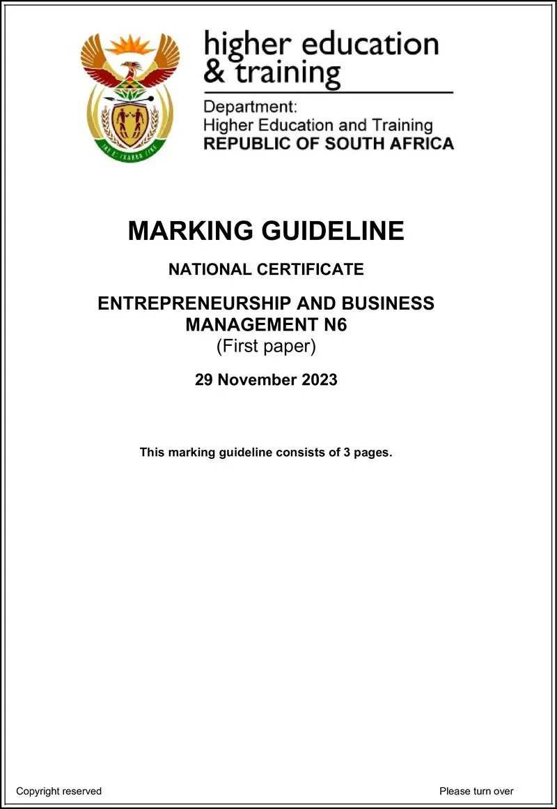 N480 Entrepreneurship And Business Management N6 P1 MEMO Nov 2023 Edited preview
