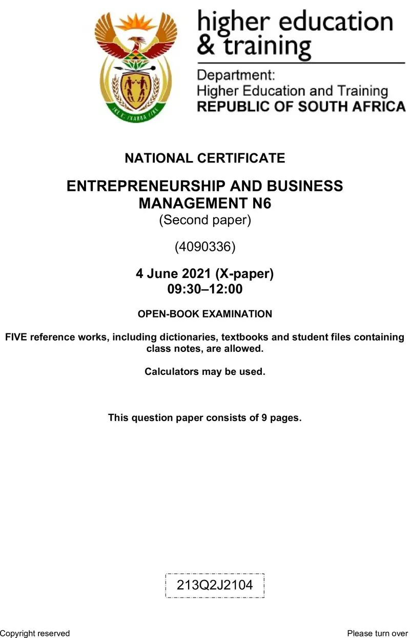 N490 Entrepreneurship And Business Management N6 P2 QP Jun 2021 preview