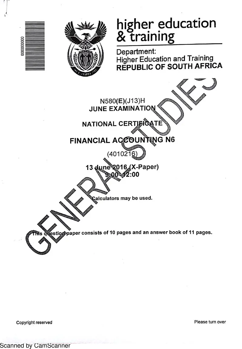 Accounting N6 June 2016 Paper preview