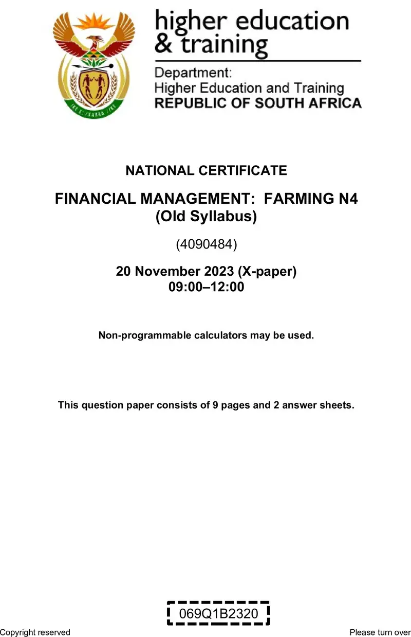 N580 Financial Management Farming N4 QP Old Nov 2023 Watson preview