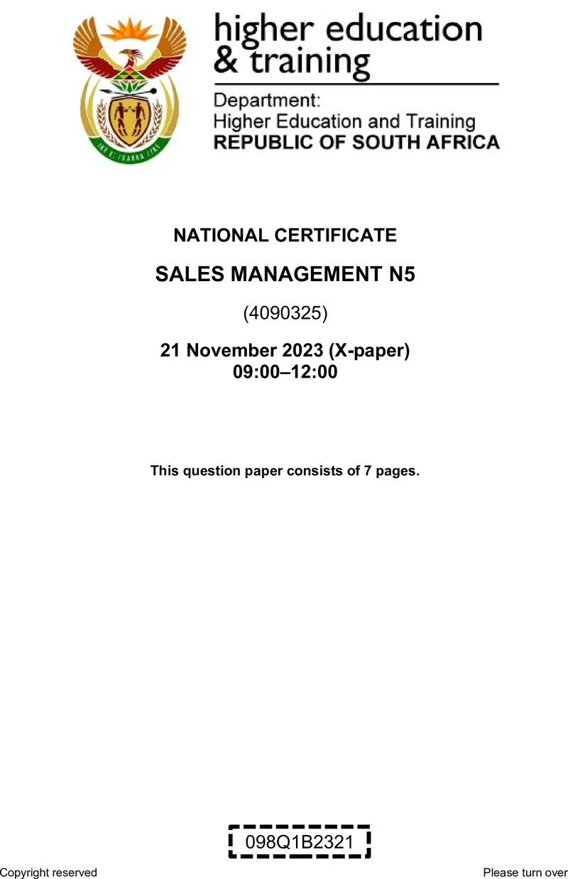 Sales Management N5 QP Nov 2023 Edit Posthumus preview