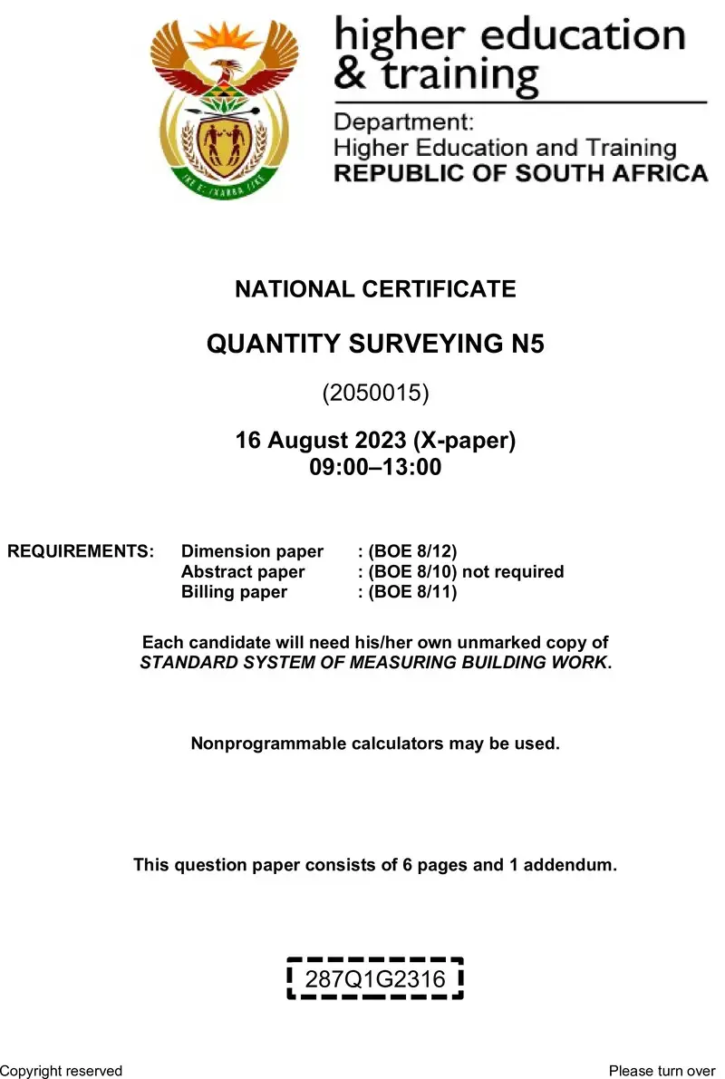 T1450 Quantity Surveying N5 Aug QP 2023 preview