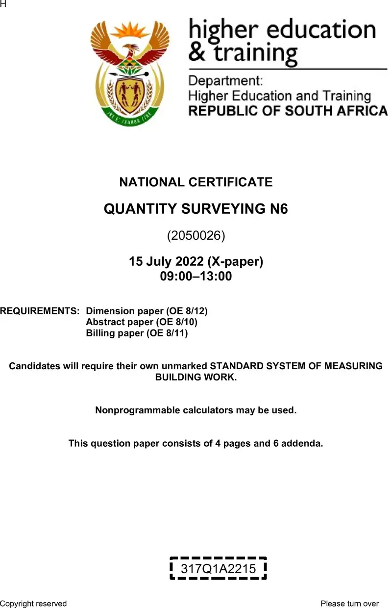 T1460 Quantity Surveying N6 QP Aug 2022 preview