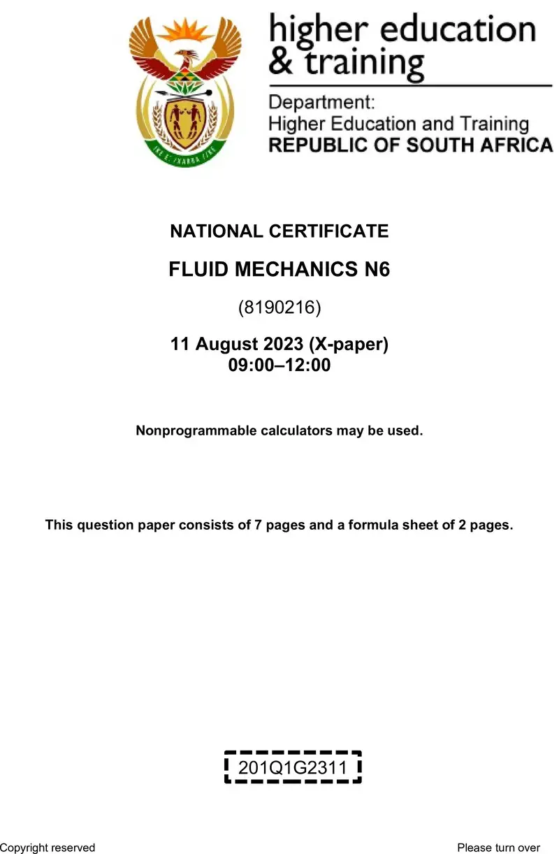 T720 Fluid Mechanics N6 QP Aug 2023 preview