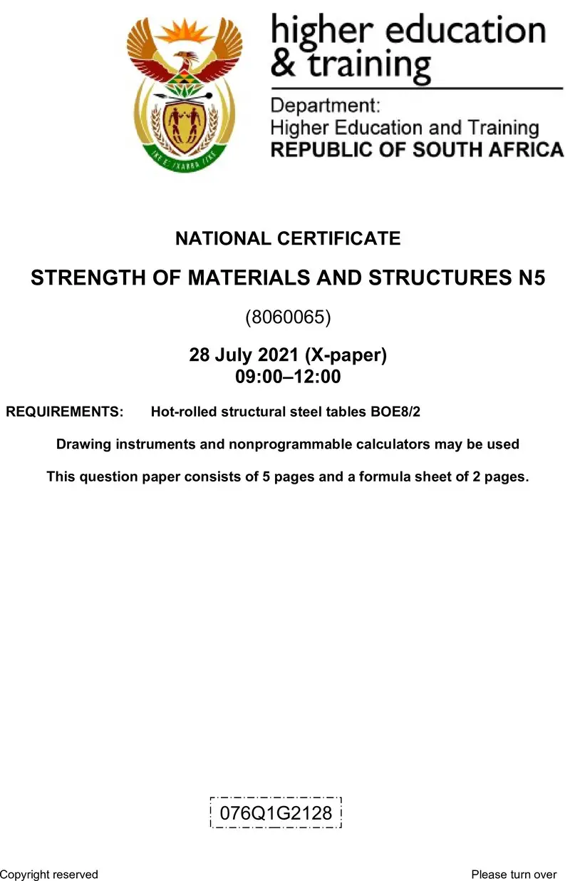 T1650 Strength Of Materials And Structures N5 Aug QP 2021 Ed preview