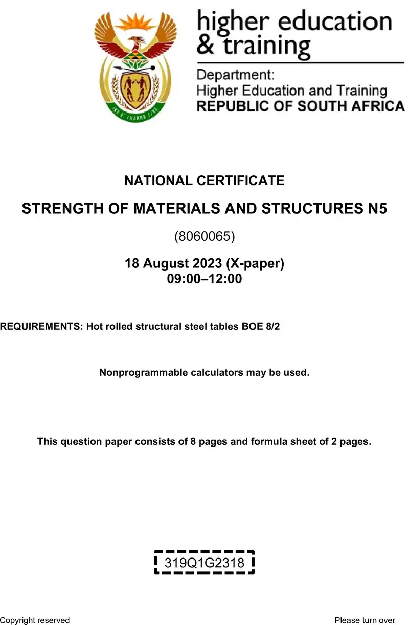 T1650 Strength Of Materials And Structures N5 Aug QP 2023 preview
