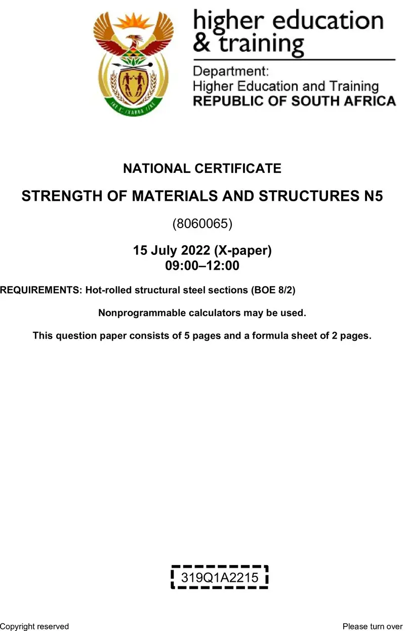 T1650 Strength Of Materials And Structures N5 QP Aug 2022 preview