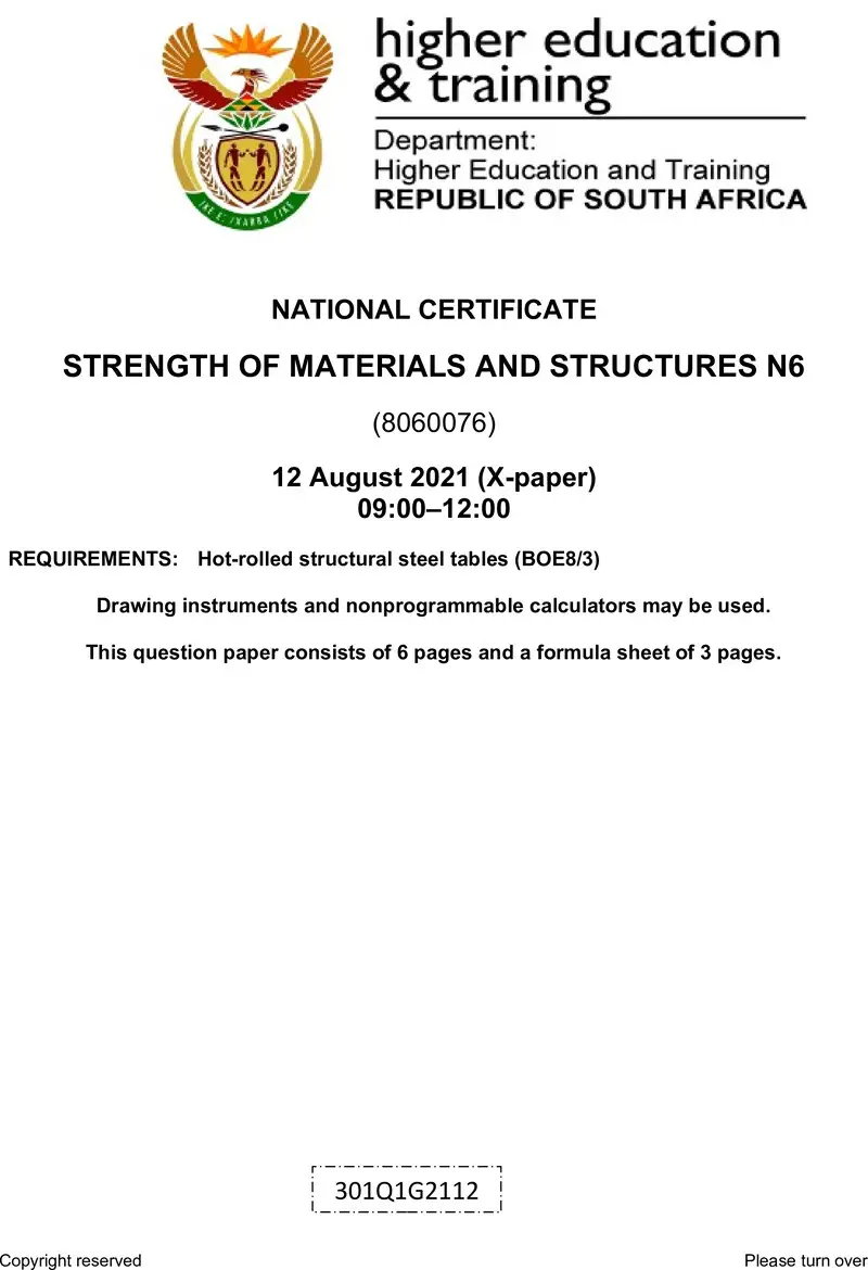 T1660 Strength Of Materials And Structures N6 QP Aug 2021 preview