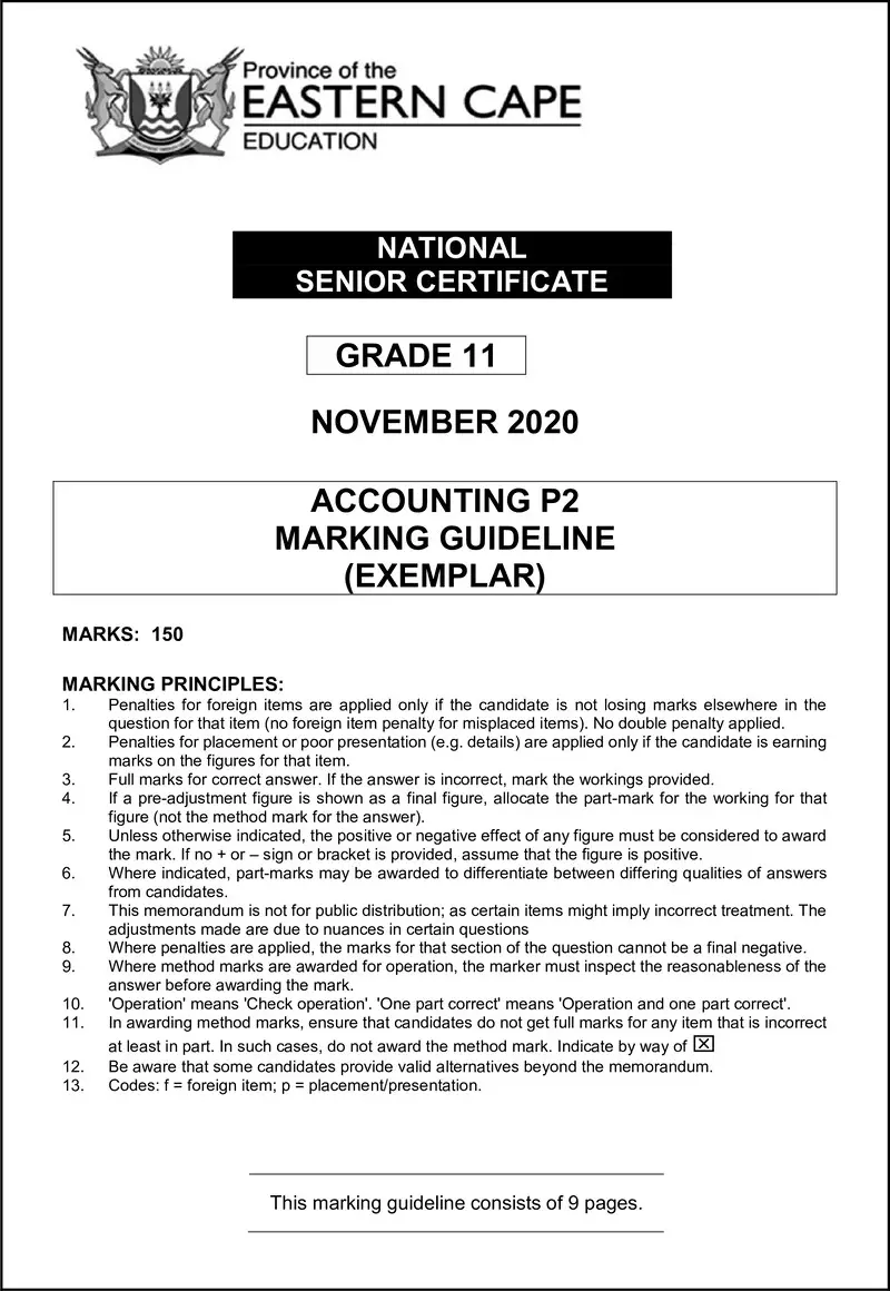 Grade 11 Accounting past paper 2020 – accn p2 memo gr11nov2020 eng d