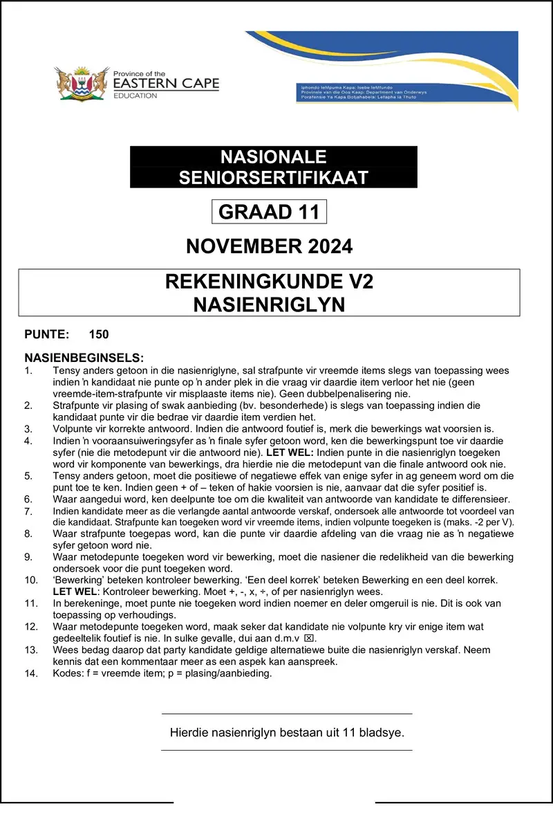 Grade 11 Accounting past paper 2024 – accounting p2 memo gr11 nov 2024 afr