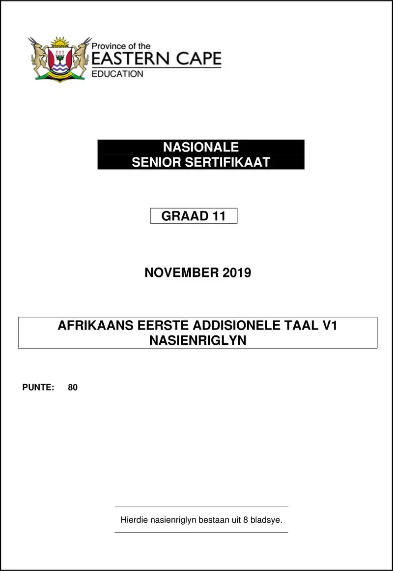 Grade 11 Afrikaans past paper 2017 – afr fal p1 gr11 memo nov2019