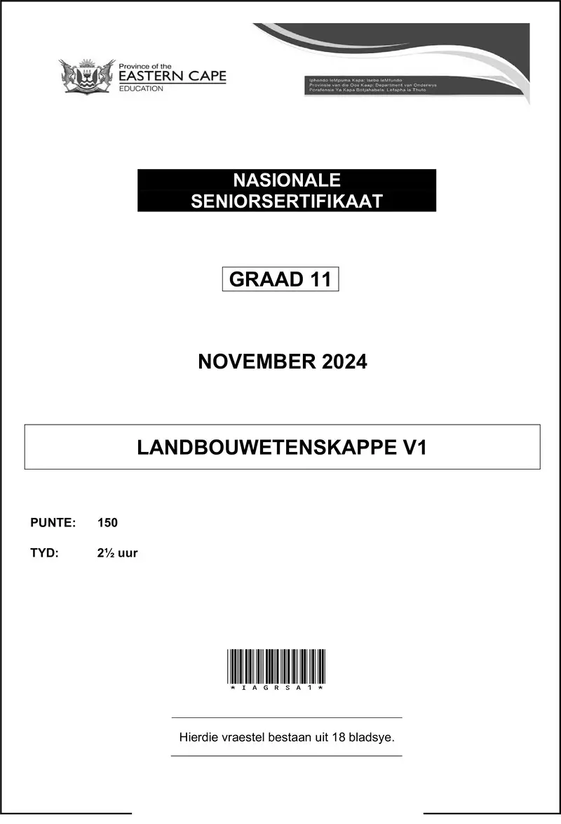 Grade 11 Landbouwetenskappe past paper 2024 – agric sciences p1 qp gr11 nov 2024 afr dd