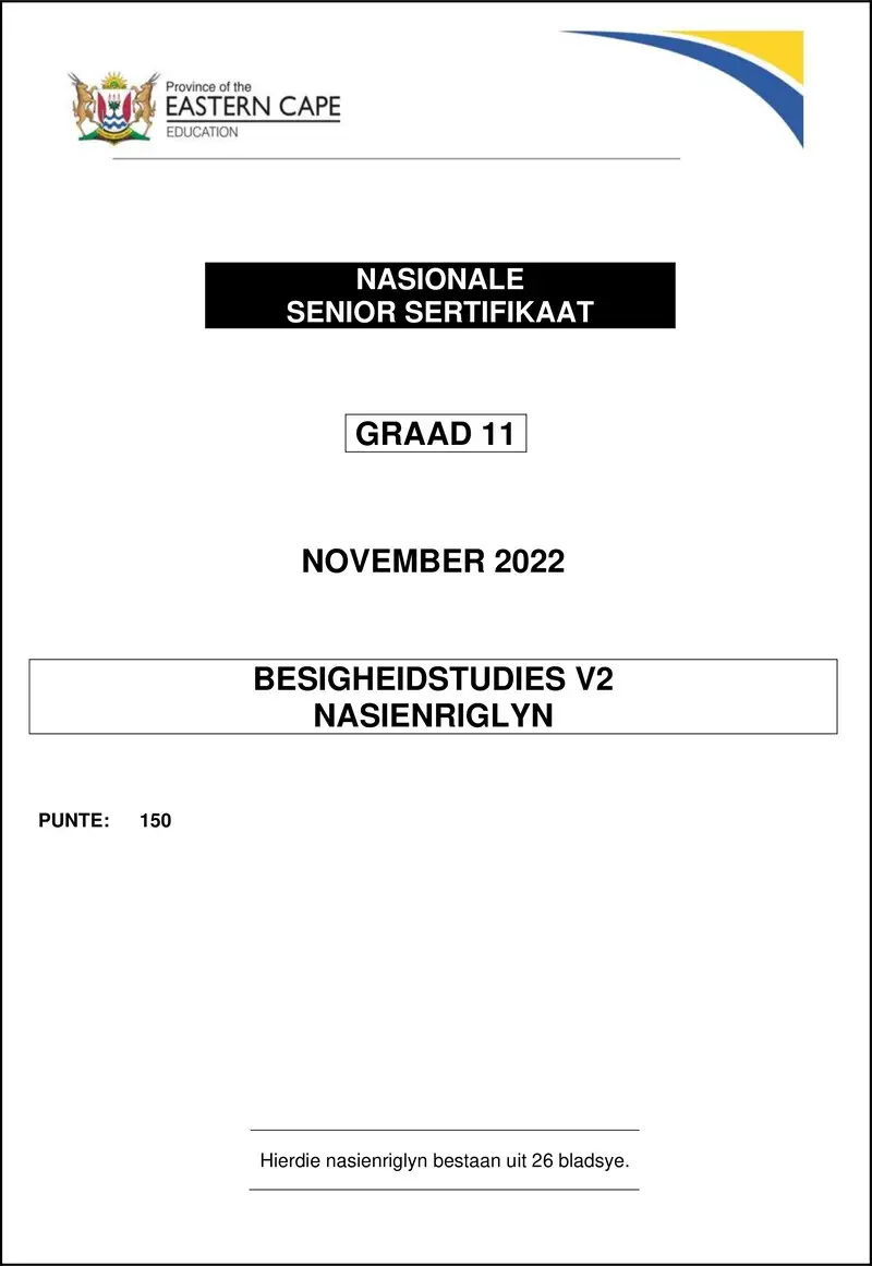 Grade 11 Business Studies past paper 2022 – business studies p2 grade11 memo nov2022 afr