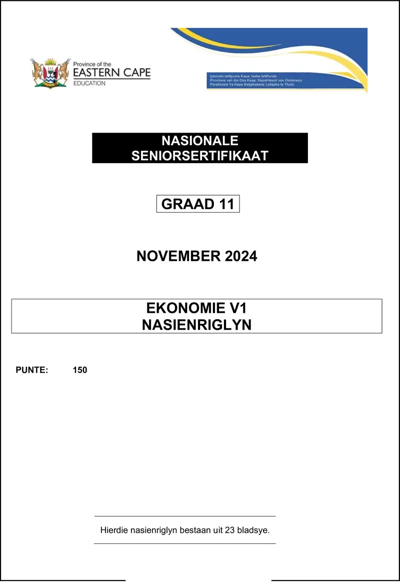 Grade 11 Ekonomie past paper 2024 – ekonomie v1 gr11 merkriglyne nov 2024 afr