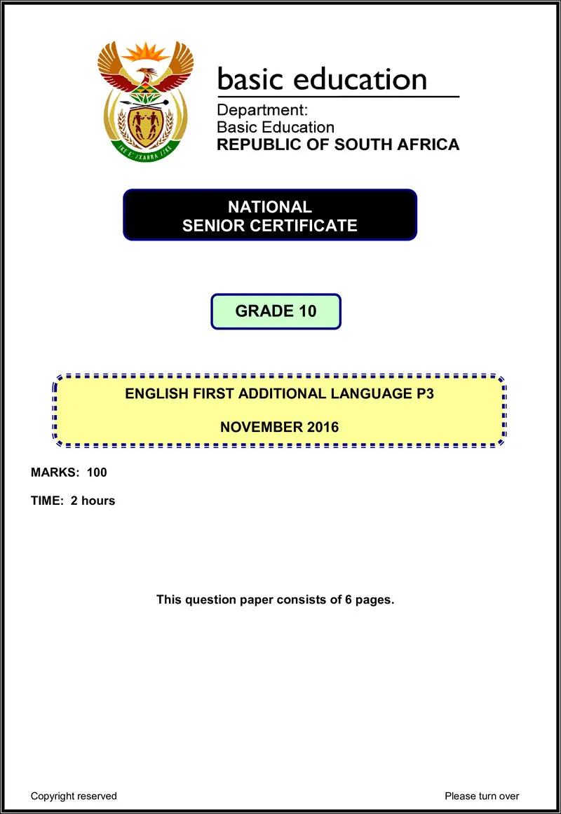 Grade 10 English past paper 2016 – eng fal p3 grade 10 nov 2016