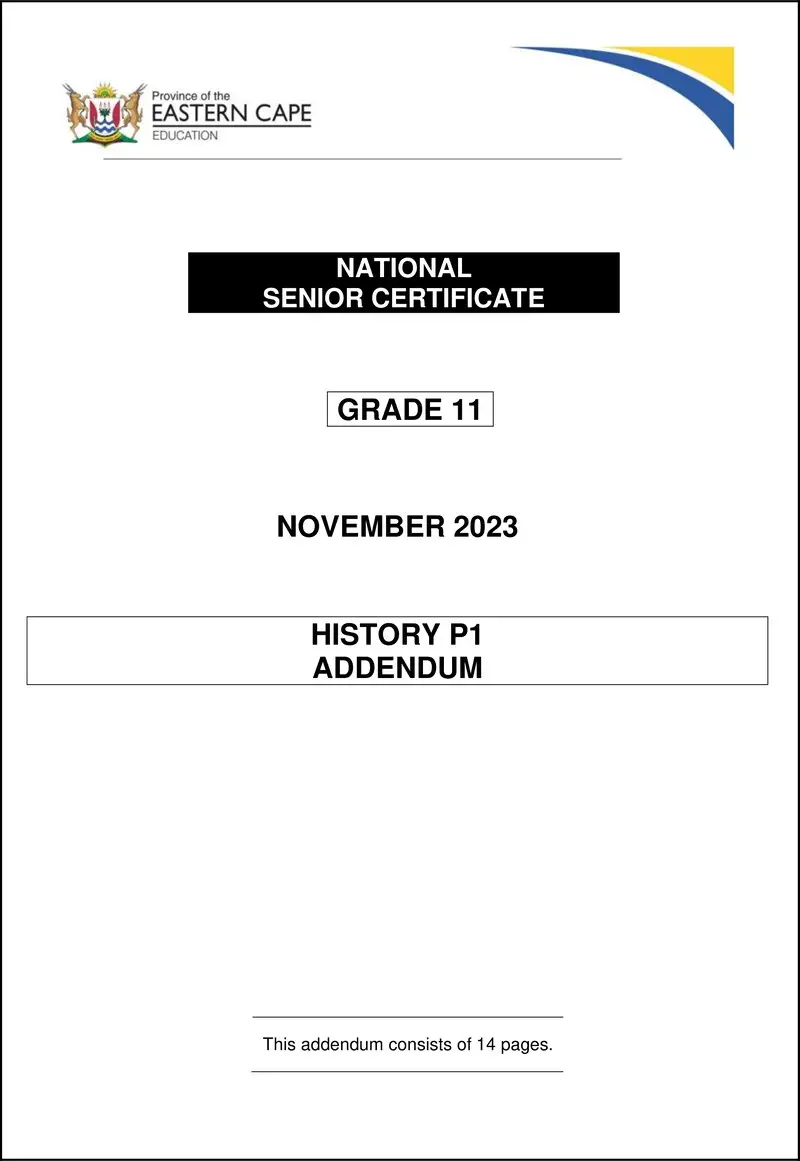 Grade 11 History past paper 2023 – history p1 gr11 add nov2023 eng