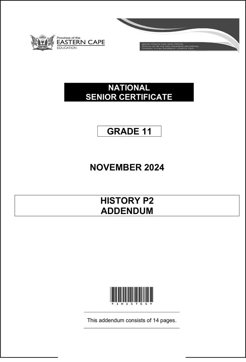 Grade 11 History past paper 2024 – history p2 add gr11 nov 2024 eng d
