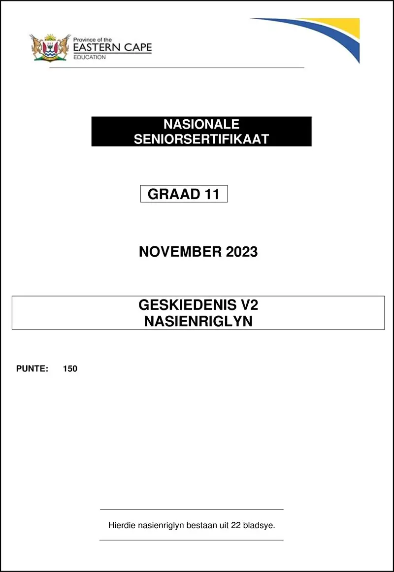 Grade 11 History past paper 2023 – history p2 gr11 memo nov2023 afr