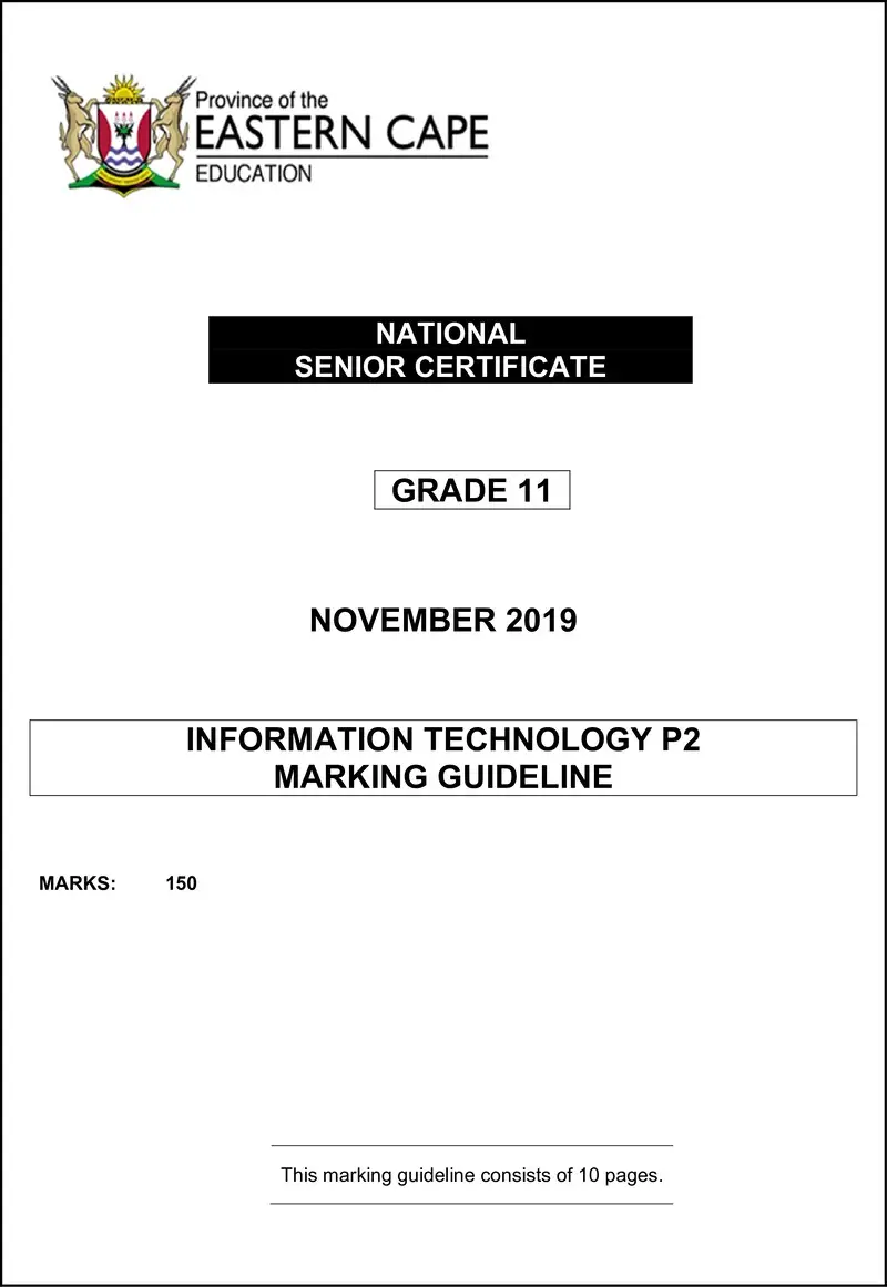 Grade 11 Information Technology past paper 2019 – info tech p2 gr11 memo november 2019 eng